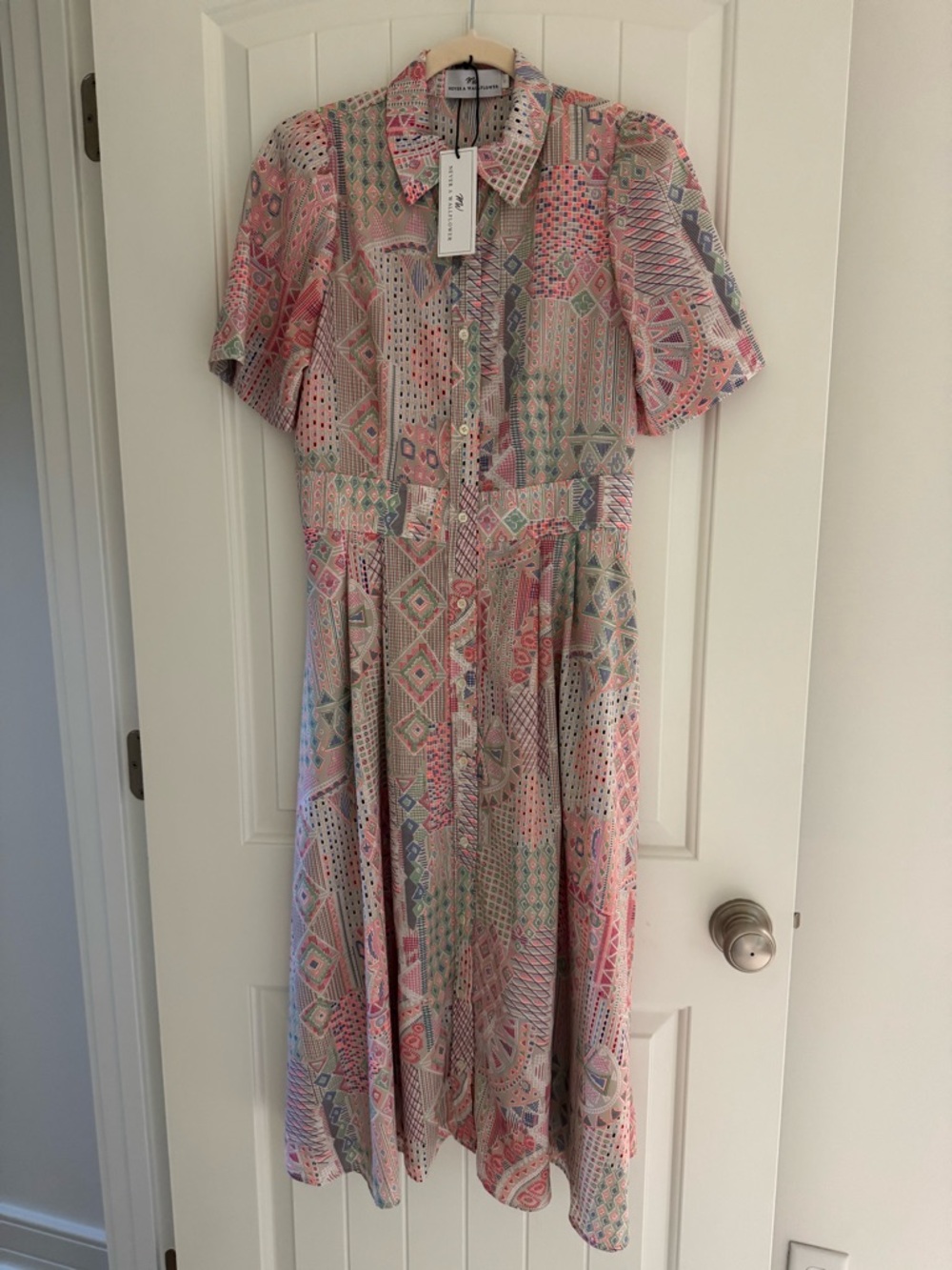 Never a Wallflower size small patterned shirt dress NWT